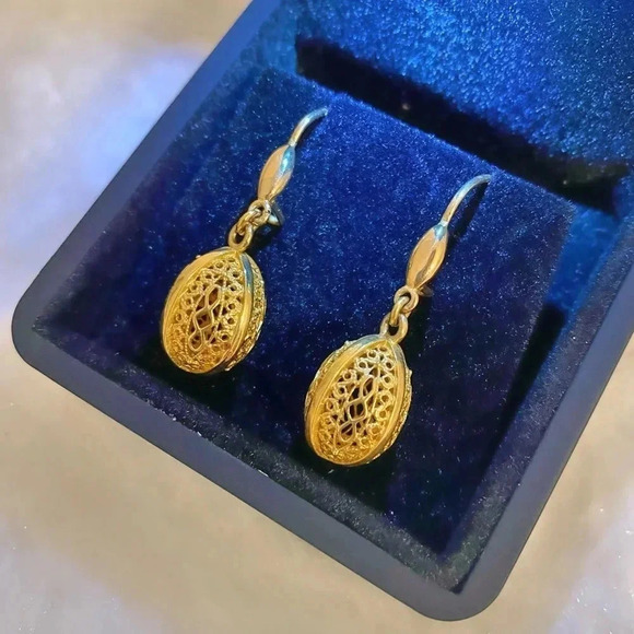 Rare 14k Gold Greek Byzantine Filigree Pendant Egg Earrings - Picture 5 of 8